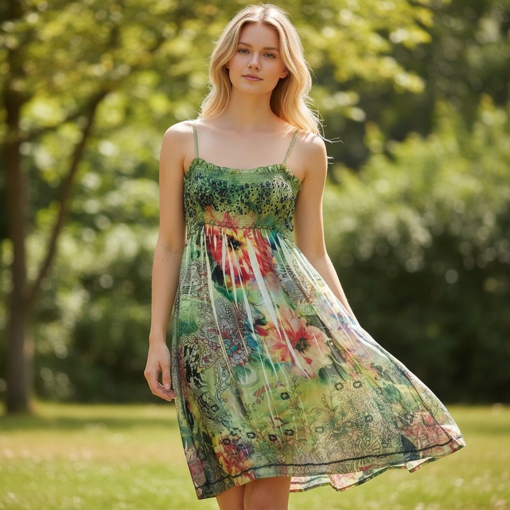 Lapis Floral Sequin Smocked Mini Dress Women One Size Green Boho C075